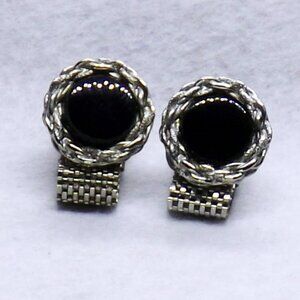 Vintage Black Glass and Silver Toned Cuff Links